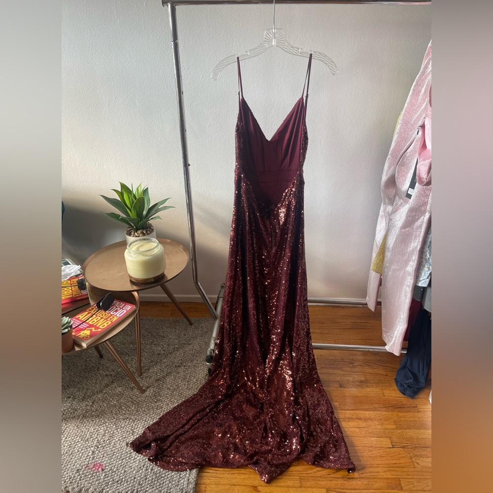 L’Atiste Backless Open Back Sequin Full length Maxi Dress-Burgundy Dark Red L - Picture 6 of 11